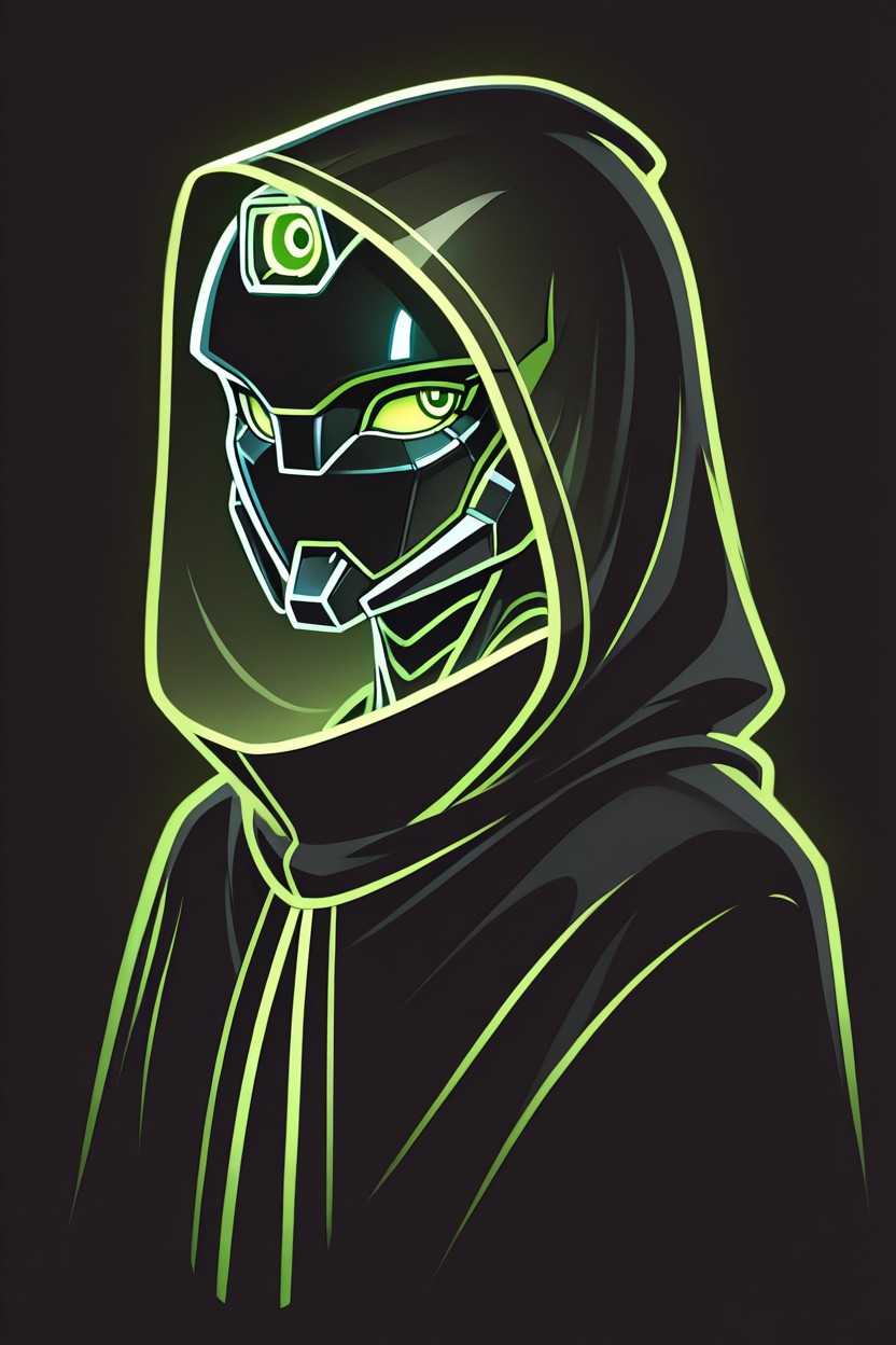 robot, portrait, black  cloak, green eyes,  looking to the side, see-through clothes,  simple background, high quality, <lora:Glowline_Figures_IL:1> glowline_figures
