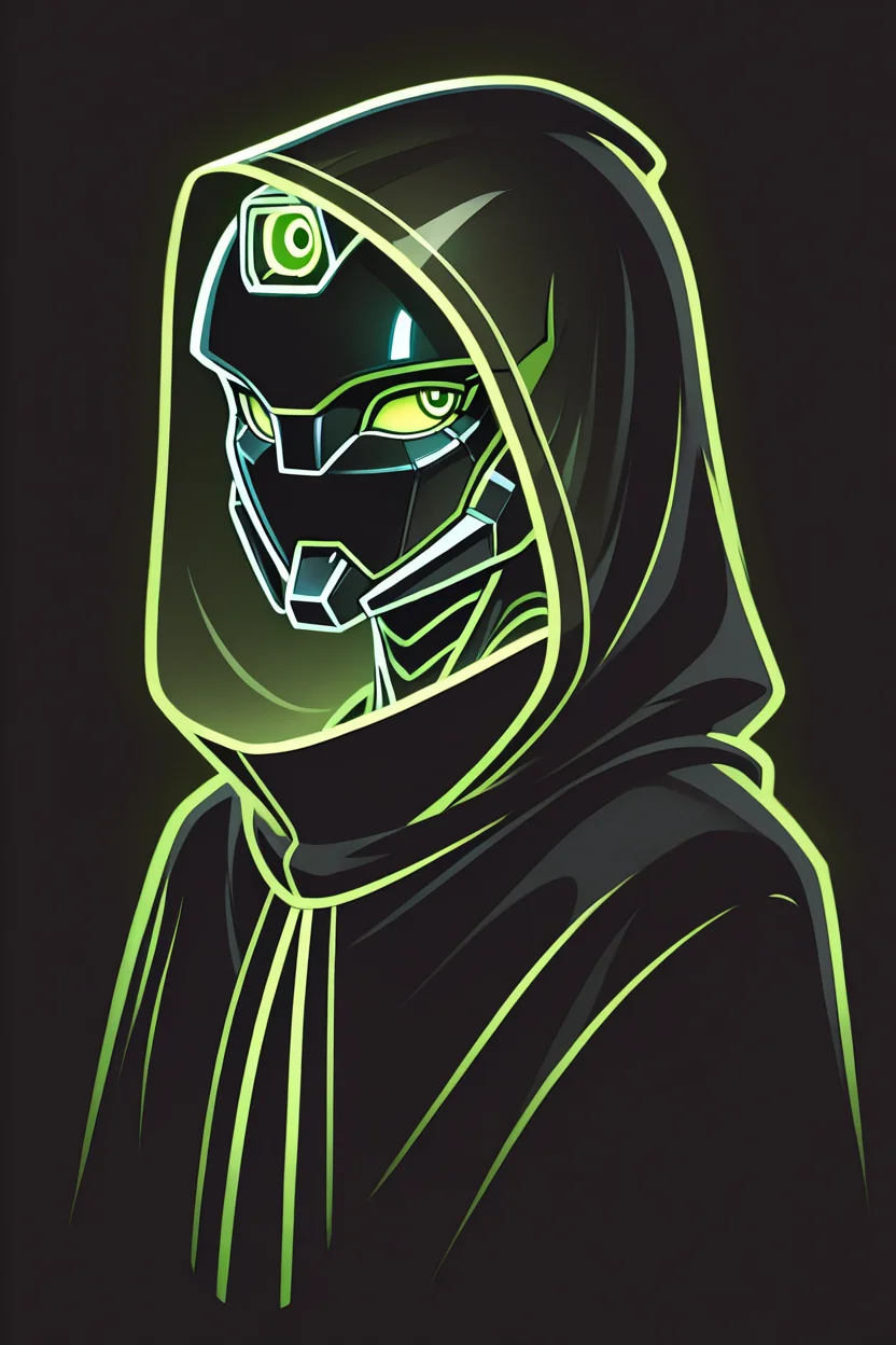 robot, portrait, black cloak, green eyes, looking to the side, see-through clothes, simple background, high quality, <lora:Glowline_Figures_IL:1> glowline_figures