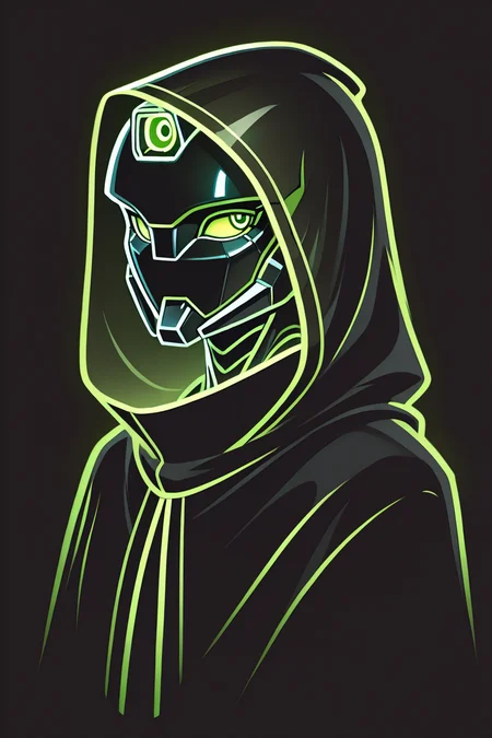 robot, portrait, black cloak, green eyes, looking to the side, see-through clothes, simple background, high quality, <lora:Glowline_Figures_IL:1> glowline_figures