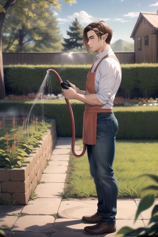 (masterpiece, intricate:1.3), (best quality, hires textures, high detail:1.2), (4k) 1boy, male, man, elf ears, medium hair, brown hair, green eyes, jeans, shirt, apron,  holding garden hose, standing in PleasantGarden,