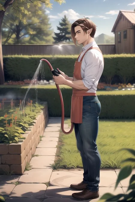 (masterpiece, intricate:1.3), (best quality, hires textures, high detail:1.2), (4k) 1boy, male, man, elf ears, medium hair, brown hair, green eyes, jeans, shirt, apron,  holding garden hose, standing in PleasantGarden,