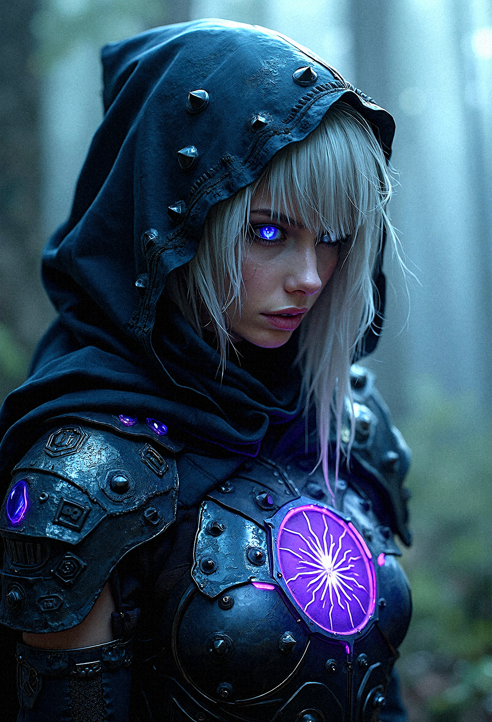 an ultra-realistic close-up of a cyber-gothic sorceress clad in a dark hooded cloak and spiked armor, embodying the fusion of magic and technology. Her silver hair flows messily under her hood, partially covering her face, which is illuminated by the eerie glow of her eyes—one violet and one cybernetic blue. She wears spiked, blackened armor with a subtle metallic sheen, layered with pulsing blue circuits that seem to weave in and out of the metal plates. The character’s chest features a glowing symbol that radiates both purple and blue light, hinting at a power source that melds mysticism with machinery. The background should suggest a dark, stormy landscape with swirling digital interfaces and holographic glyphs, all captured with a hyper-realistic focus on the textures of metal, and glowing circuitry.
Covering her violet eye with one hand, emphasizing the glow of the cybernetic blue.




