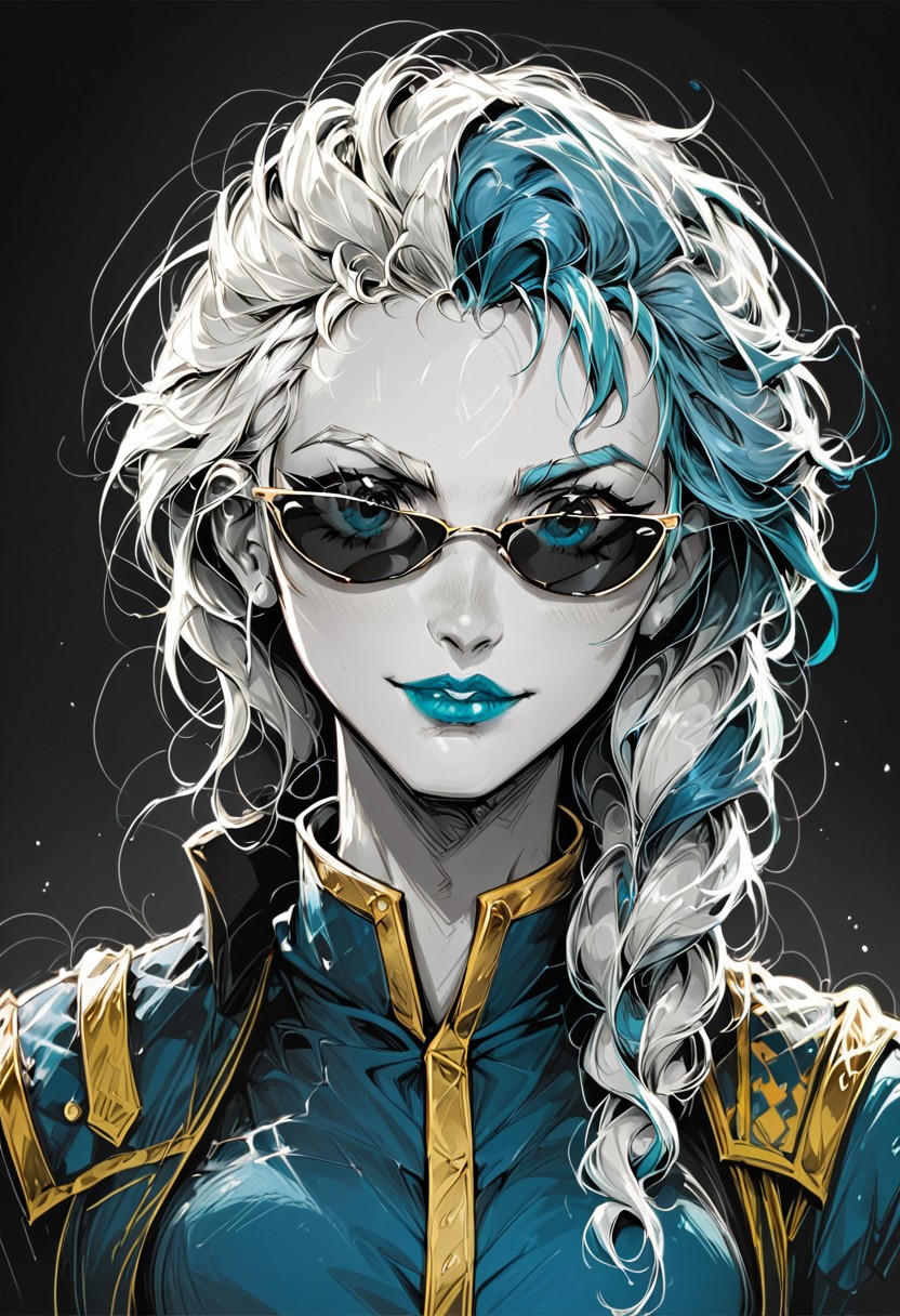 score_9, score_8_up, score_7_up, 1girl, solo, trippydrea, jaina proudmoore, medium breasts, colorvsgrey, blue clothes, blue lipstick, portrait, greyscale, blue shaded sunglasses, hand in hair