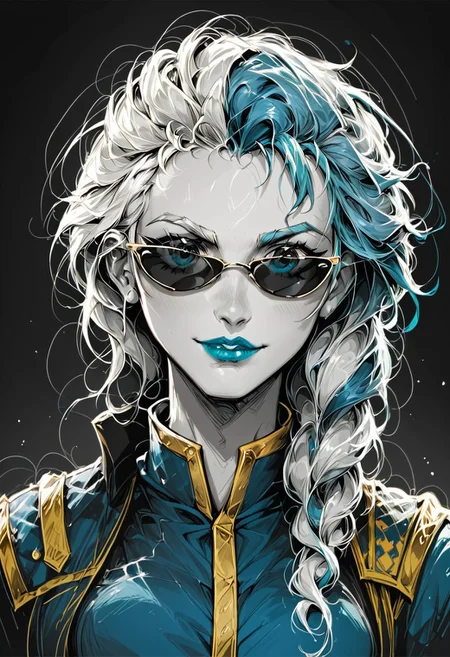 score_9, score_8_up, score_7_up, 1girl, solo, trippydrea, jaina proudmoore, medium breasts, colorvsgrey, blue clothes, blue lipstick, portrait, greyscale, blue shaded sunglasses, hand in hair