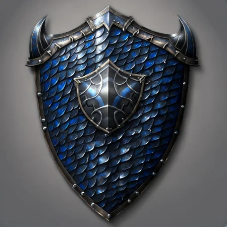Steel, blue-black dragon scales knight shield with horns, gray background