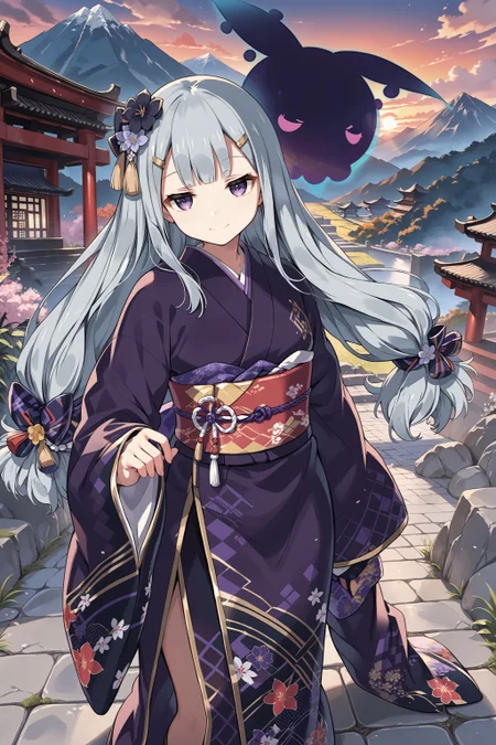 score_max, (score_9, score_8_up, score_7_up:1.2), score_6_up, official art, source_anime,
, masterpiece, absurdres, high detail, 8k,
japanese shrine, stone floor, mountain, sunrise,
standing, bored, smile, black ghost,
, rubetti, low-tied long hair, hair ornament, hair flower, hair bow, flower hairclip, purple kimono, froral print, long sleeves, wide sleeves, sleeve past fingers, mismatched sleeves, unmoving pattern, argyle sleeves, obi
<lora:XL_Pony_gomaotsu-ruberis-t1:1.0>