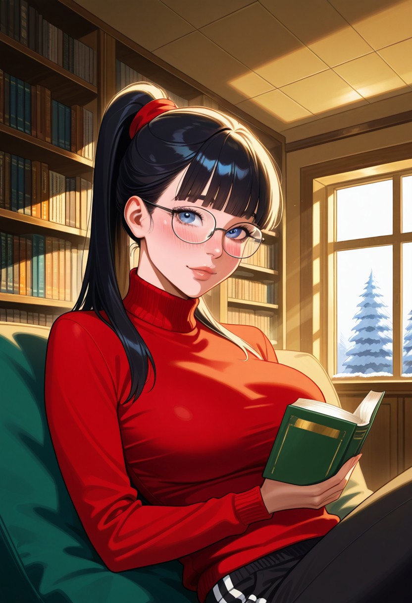 realistic, highly detailed, sunlight, god rays, winter, thepit, 1girl, upper body, 
sitting, relaxing, holding book, looking at viewer, blushing, 
black hair, high ponytail, blunt bangs, straight hair, red hairtie, 
blue eyes, perfect eyes, detailed face, elegant face, glasses, thick frames, nerdy, 
skindentation, detailed skin, large breasts, toned female,
turtleneck, red sweater, black sweatpants with two vertical white stripes, 
indoors, library, window,