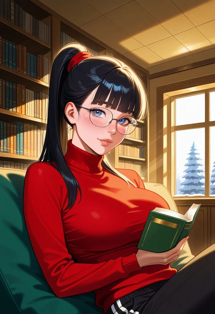 realistic, highly detailed, sunlight, god rays, winter, thepit, 1girl, upper body, 
sitting, relaxing, holding book, looking at viewer, blushing, 
black hair, high ponytail, blunt bangs, straight hair, red hairtie, 
blue eyes, perfect eyes, detailed face, elegant face, glasses, thick frames, nerdy, 
skindentation, detailed skin, large breasts, toned female,
turtleneck, red sweater, black sweatpants with two vertical white stripes, 
indoors, library, window,