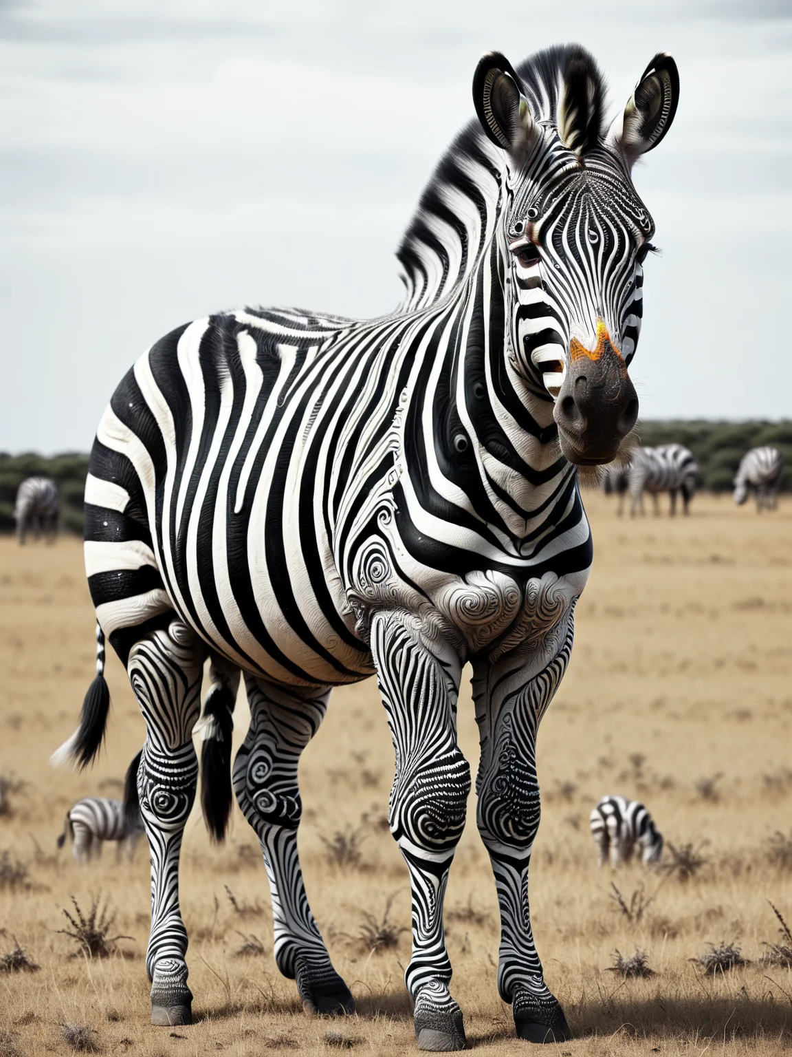 A zebra with its stripes transformed into black and white ais-spirals, standing alone on a plain savanna <lora:Colorful_Spirals_SDXL:1>.