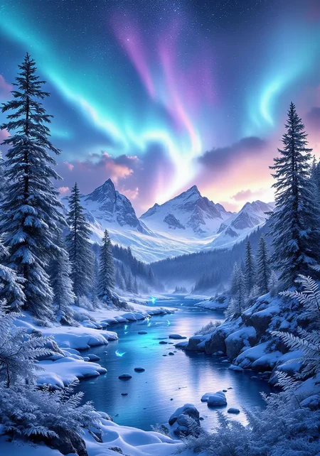 You are an assistant designed to generate superior images with the superior degree of image-text alignment based on textual prompts or user prompts. <Prompt Start> This ethereal frost timber landscape unfolds in a snowbound valley through the lens of a high-resolution camera, capturing spectral firs and ice-laden ferns. A surreal digital art masterpiece bursts with a mysterious aurora overhead, as swirling prismatic clouds in silver and sapphire illuminate ancient crystalline granite outcroppings. Glacial peaks shimmer beneath a twilight sky, casting dynamic shadows and sparkling reflections on a frozen river. Majestic bioluminescent creatures glide gracefully across the scene, their forms rendered in intricate, otherworldly detail. The image exudes an enigmatic interplay of harsh winter elements and magical serenity, evoking a sense of majestic isolation and ancient wonder. Captured in 8K ultra-realistic clarity, this digital art piece showcases exquisite detail and masterpiece quality.