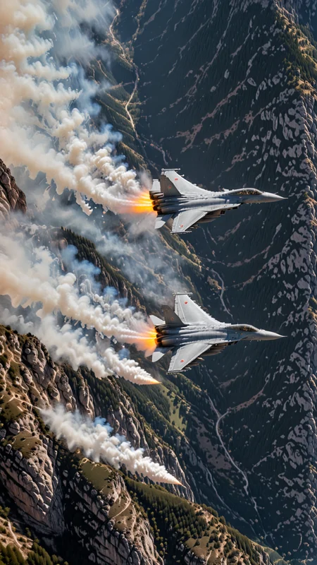 (Pilots flying the Euro Fighter jets between mountains), (displaying the low level flying capabilities of the Euro Fighter jets), hitting amazing speeds as the tilt and wind through the valleys and canyons, (view from side of euro fighter jets), (launching missiles with a stream of white vapors with flames), (a true display of military might power), (motion scenes), (pain staking attention to fine details of the jets) ,4k, surreal, (epic photography), high budget Hollywood movie, volumetric, Painstaking Attention To Detail, (Use Dream Diffusion Secret Prompt), UHD, powder sprays up from the Jets engines, jet plane Flying over land , UHD, Colorful Explosion, <lora:Jet_Fighters:1>