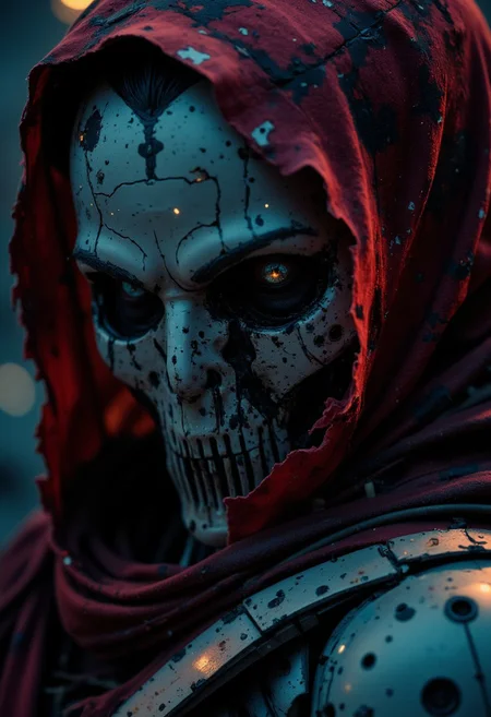 A close-up of a desolate robotic soldier, his war-torn face frozen in a moment of silence. His metal mask is cracked and corroded, its once-pristine surface now worn down by time and battle. One eye glows faintly, flickering with the last remnants of power, while the other is shattered, leaking thin arcs of electricity into the cold air. A deep scar runs across his synthetic cheek, remnants of past conflicts etched into his very being.
His breathless form is framed by the tattered remnants of his cloak, its edges frayed and interwoven with shattered circuits, barely clinging to his massive frame. The ambient glow of distant fires and glitching city lights cast deep shadows across his features, contrasting sharply with bleached red highlights that illuminate the battle-worn edges of his armor. Digital distortion lingers in the air, fractured echoes of long-lost comrades whispering through the static.
The camera lingers close—tight framing accentuates the details of his ruined form, the depth of his silent sorrow. Every tiny dent, every broken wire, every flickering light tells the story of a warrior who has outlived his war, kneeling in a moment of quiet, haunting reflection.