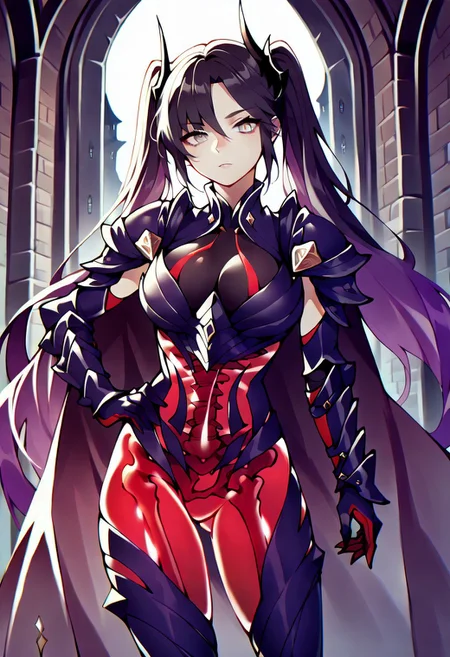 masterpiece, best quality, 1girl, solo, horns, red body, see-through body, skeleton, zzMona, grey eyes, hair between eyes, black hair, hair ornament, long hair, purple hair, twintails, very long hair, armor, breastplate, shoulder armor, gauntlets, thigh boots, high heels, cape, looking at viewer, hand on hip, cowboy shot, indoors, castle, stone walls