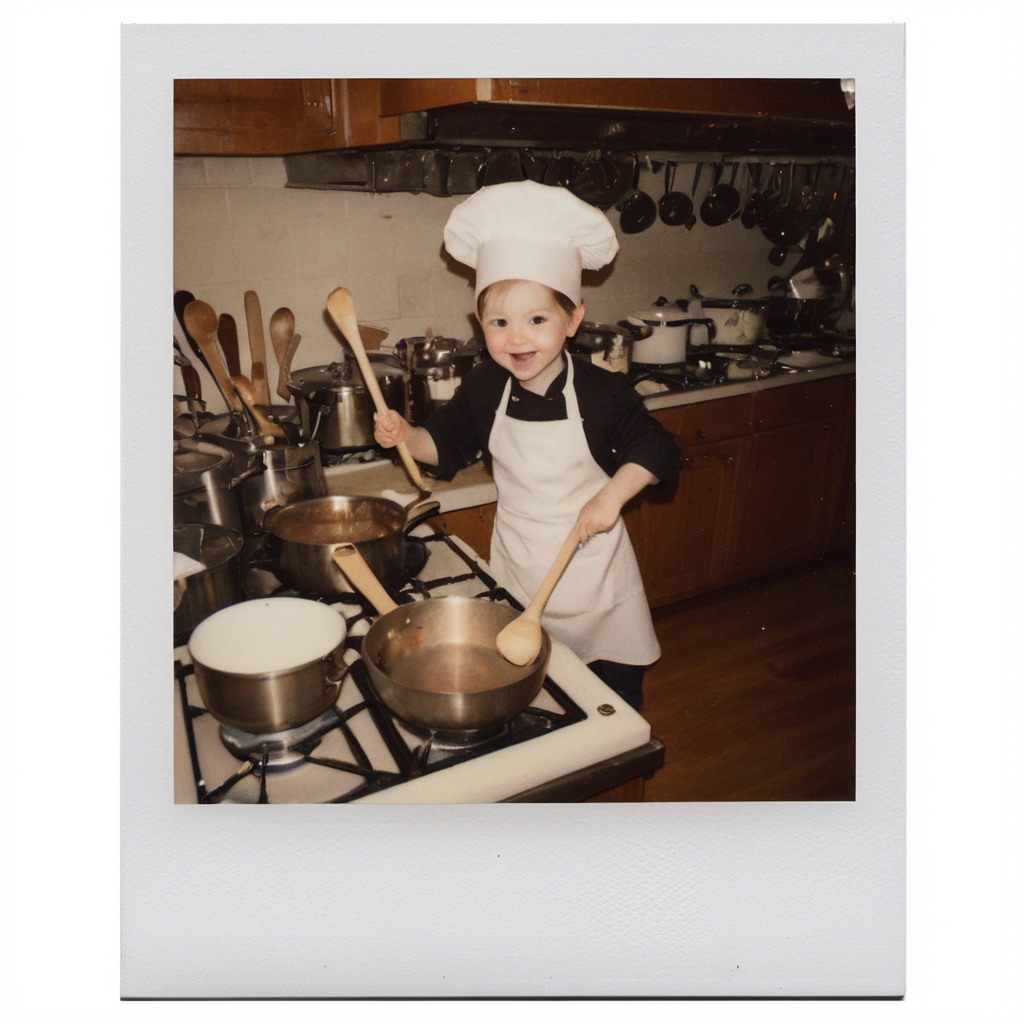 polaroid of In the heart of a bustling kitchen, a pint-sized chef, adorned in an oversized apron and chef's hat, conducts an orchestra of pots and pans, a wooden spoon their baton, creating a symphony of clatters and giggles. <lora:Polaroid_XL:1>