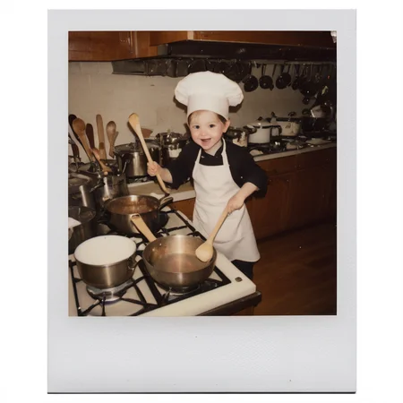 polaroid of In the heart of a bustling kitchen, a pint-sized chef, adorned in an oversized apron and chef's hat, conducts an orchestra of pots and pans, a wooden spoon their baton, creating a symphony of clatters and giggles. <lora:Polaroid_XL:1>