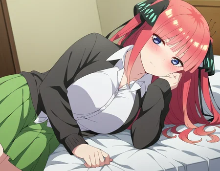 score_9, score_8_up, score_7_up, source_anime,
ninonakano, <lora:nino-nakano-s2-ponyxl-lora-nochekaiser:1>,
nino nakano, long hair, bangs, blue eyes, hair ornament, hair ribbon, pink hair, blunt bangs, two side up, butterfly hair ornament, mature female,
skirt, shirt, long sleeves, white shirt, pleated skirt, open clothes, collared shirt, sleeves past wrists, dress shirt, cardigan, green skirt, open cardigan, black cardigan,
indoors, bed, bed room, on side, blush, drunk,
looking at viewer, cowboy shot, dutch angle, solo,