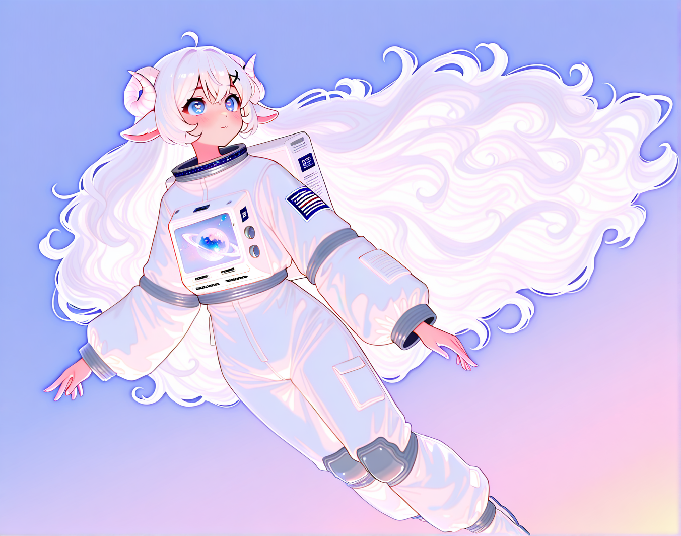 (highres, absurdres, wallpaper,masterpiece, best quality), masterpiece, best quality, very aesthetic, fullbody 
 wide angle, momosp, (galaxy, dynamic angle, colourful, gradient, beautiful colors:1.2)
 <lora:noobai_vpred_1_masterpieces_v23:1>  <lora:DollieHitsujidav2EPOCH15:0.8>  <lora:9_EnchantingEyes:0.6>   <lora:MomoSweetSpaceILL:1>