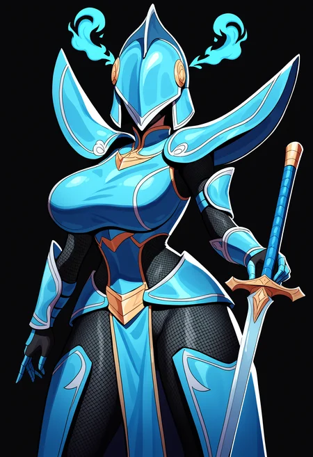 score_9, score_8_up, score_7_up, score_6_up, score_5_up, score_4_up,
BREAK
1girl, helmet, cyan magic, magic mist, eyeless, plume helmet, blue plume, hidden face,
BREAK
solo, standing, cowboy shot, large breasts, holding greatsword, armor,
BREAK
black background, simple background, dynamic pose, pose, dark, <lora:Lunas-5t_0000-SDXL-B1:1>