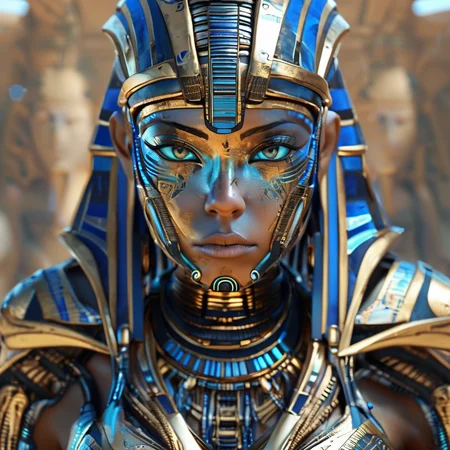 pharaotech warrior cyborg girl blue eye in the background powerful Egyptian robots, very detailed, expressive, cinematic<lora:pharaotech:0.8>