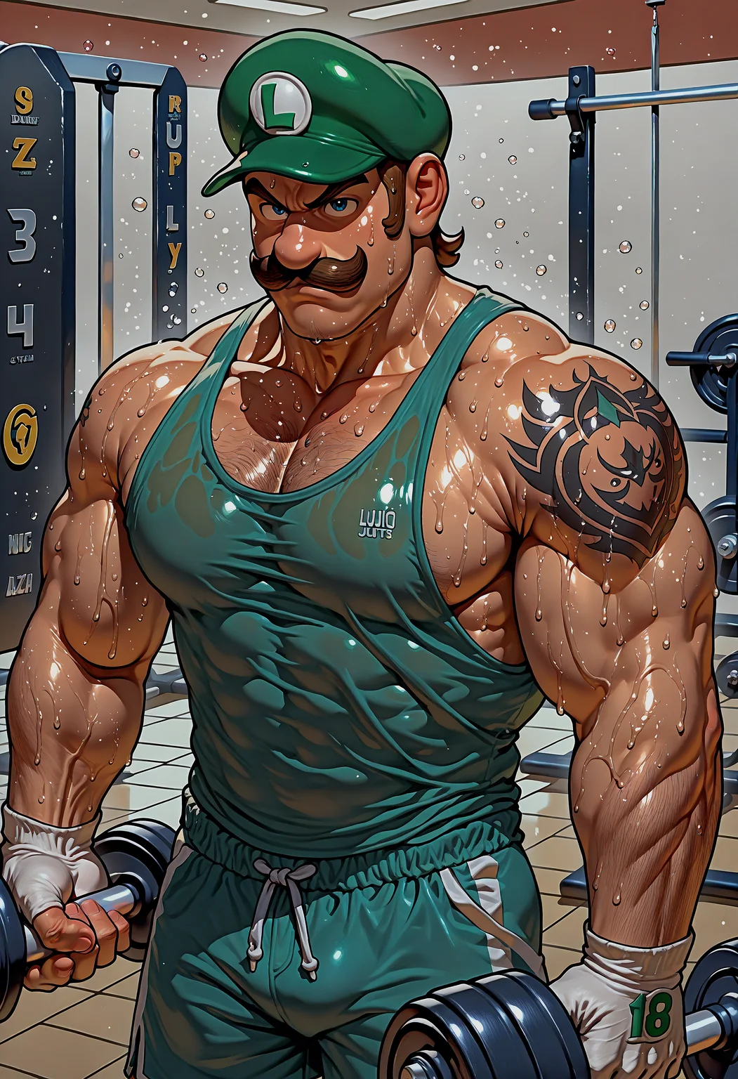 masterpiece, best quality, 1boy,male focus,luigi,green headwear,mustache,muscular,tank top,shorts,sweat,serious,in gym,holding dumbbells,chest hair,shoulder tattoo, weightlifting, bizeps focus,curling iron,