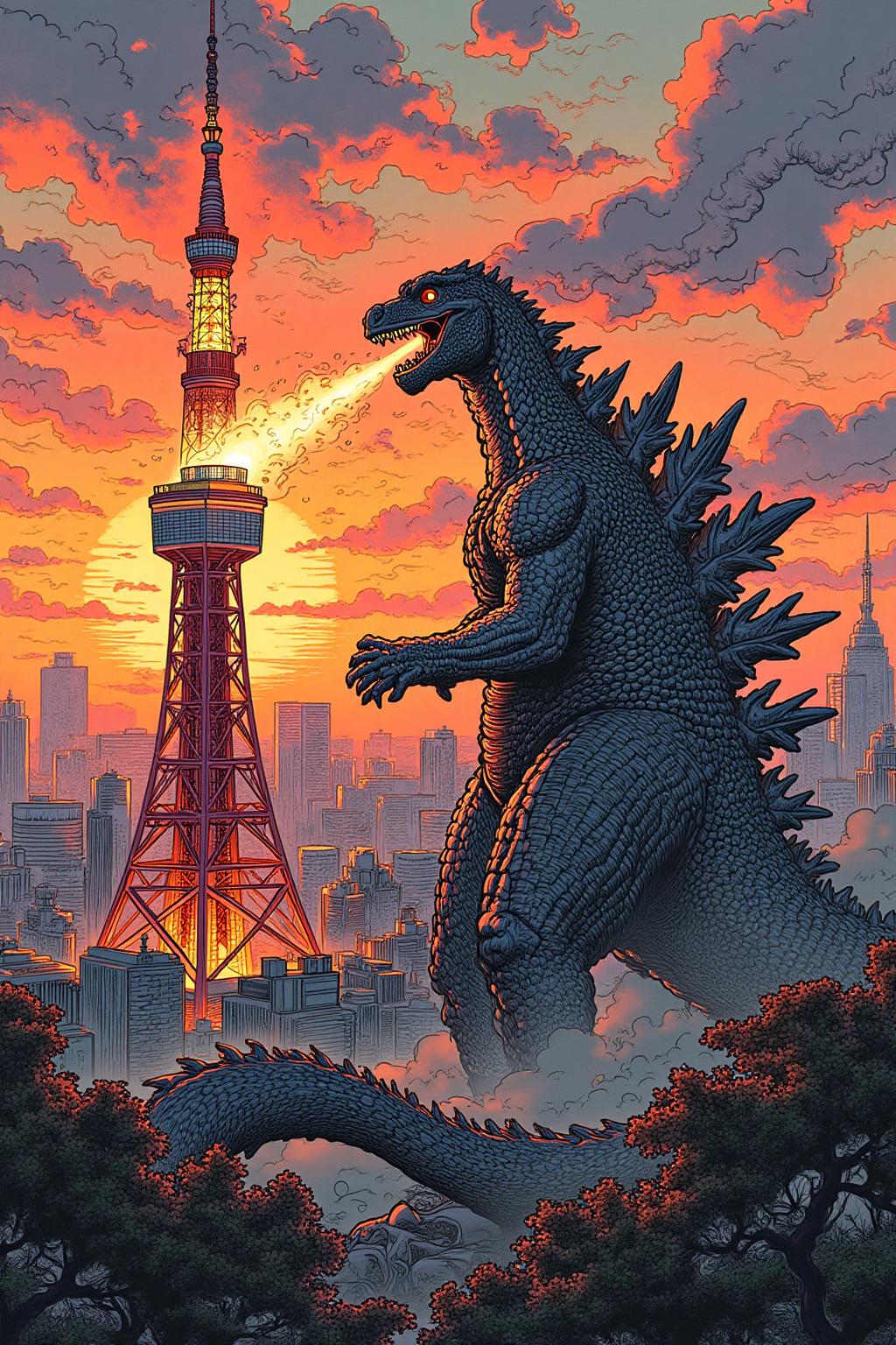 gusdore1 illustration. 
Godzilla breathing fire on Tokyo tower at sundown <lora:gusdore1_flor2_d4a2:1.0><lora:799517684376132881:0>