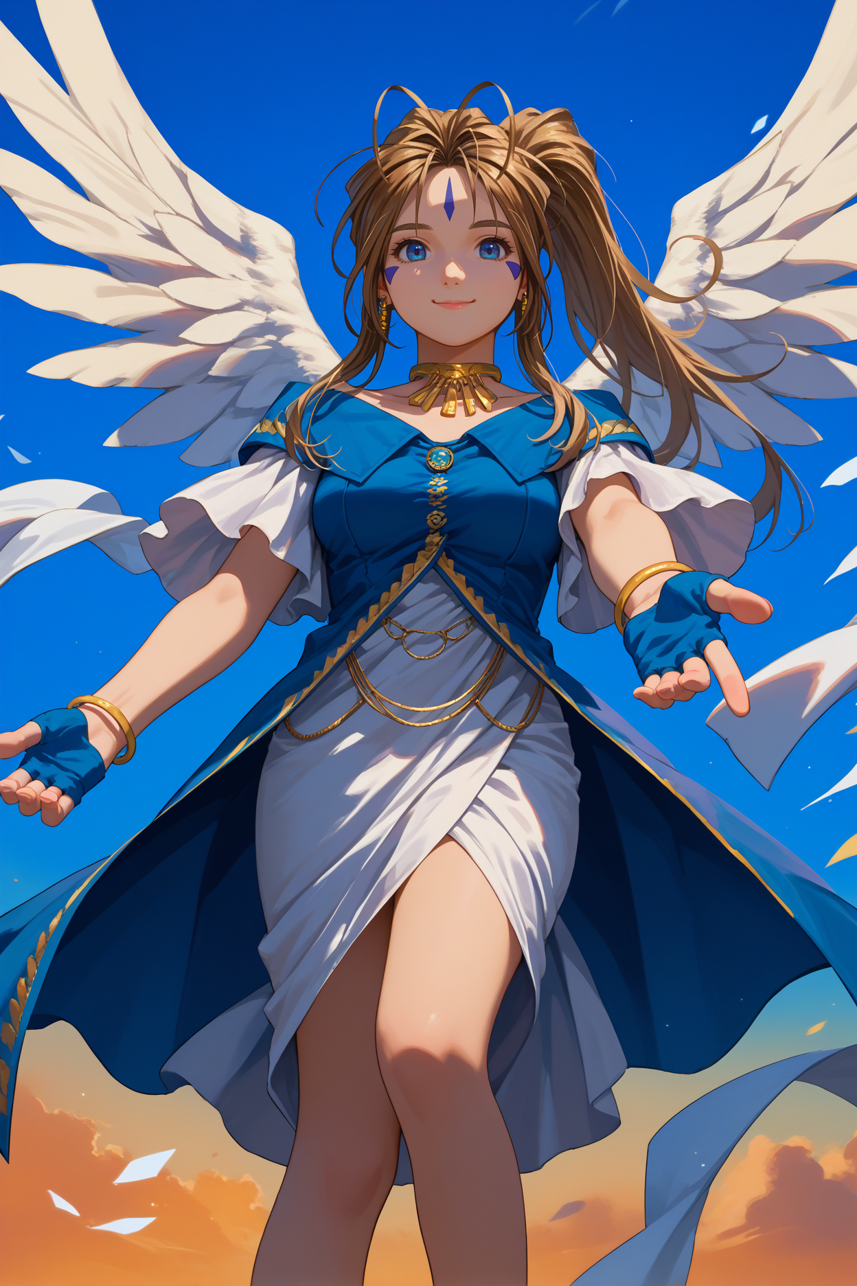 score_9, score_8_up, score_7_up, score_6_up, source_anime, 1girl, solo,  <lora:belldandy-pdxl-nvwls-v1-000006:1> amgBDD, brown hair, ponytail, antenna hair, blue eyes, forehead mark, facial mark, necklace, gold ear piercings, earrings, blue and white dress, off-shoulder dress, white skirt, angel wings, large breasts, full body, glowing, light, sky, blue sky, outstretched hand, from below, flying, looking at you, closed mouth, smile, bracelet, blue gloves, fingerless gloves, dutch angle, forced perspective, reaching out