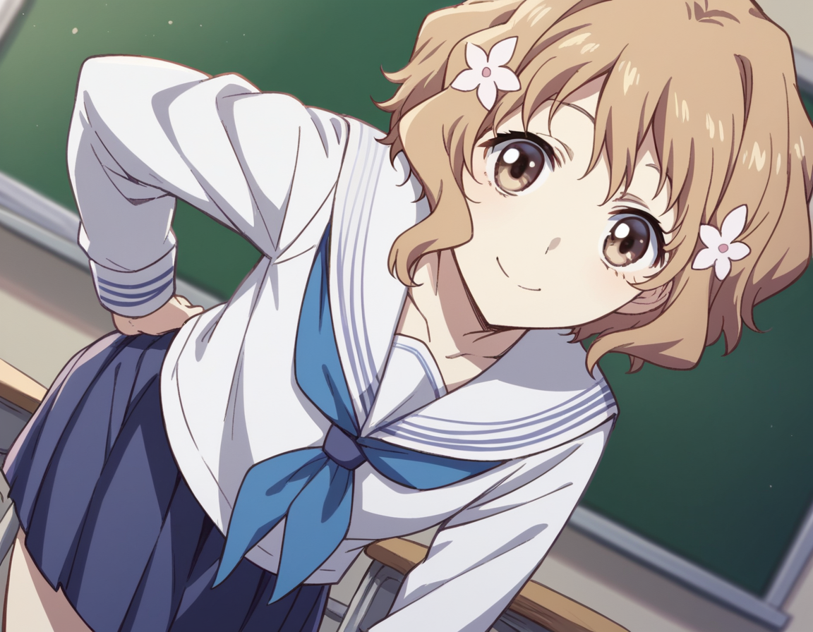 score_9, score_8_up, score_7_up, source_anime,
ohanamatsumae, <lora:ohana-matsumae-s1-ponyxl-lora-nochekaiser:1>,
ohana matsumae, short hair, brown hair, hair ornament, brown eyes, flower, hair flower,
skirt, school uniform, serafuku, blue skirt, pleated skirt, neckerchief, blue neckerchief, long sleeves,
indoors, classroom, bent over, smile,
looking at viewer, cowboy shot, solo, dutch angle,