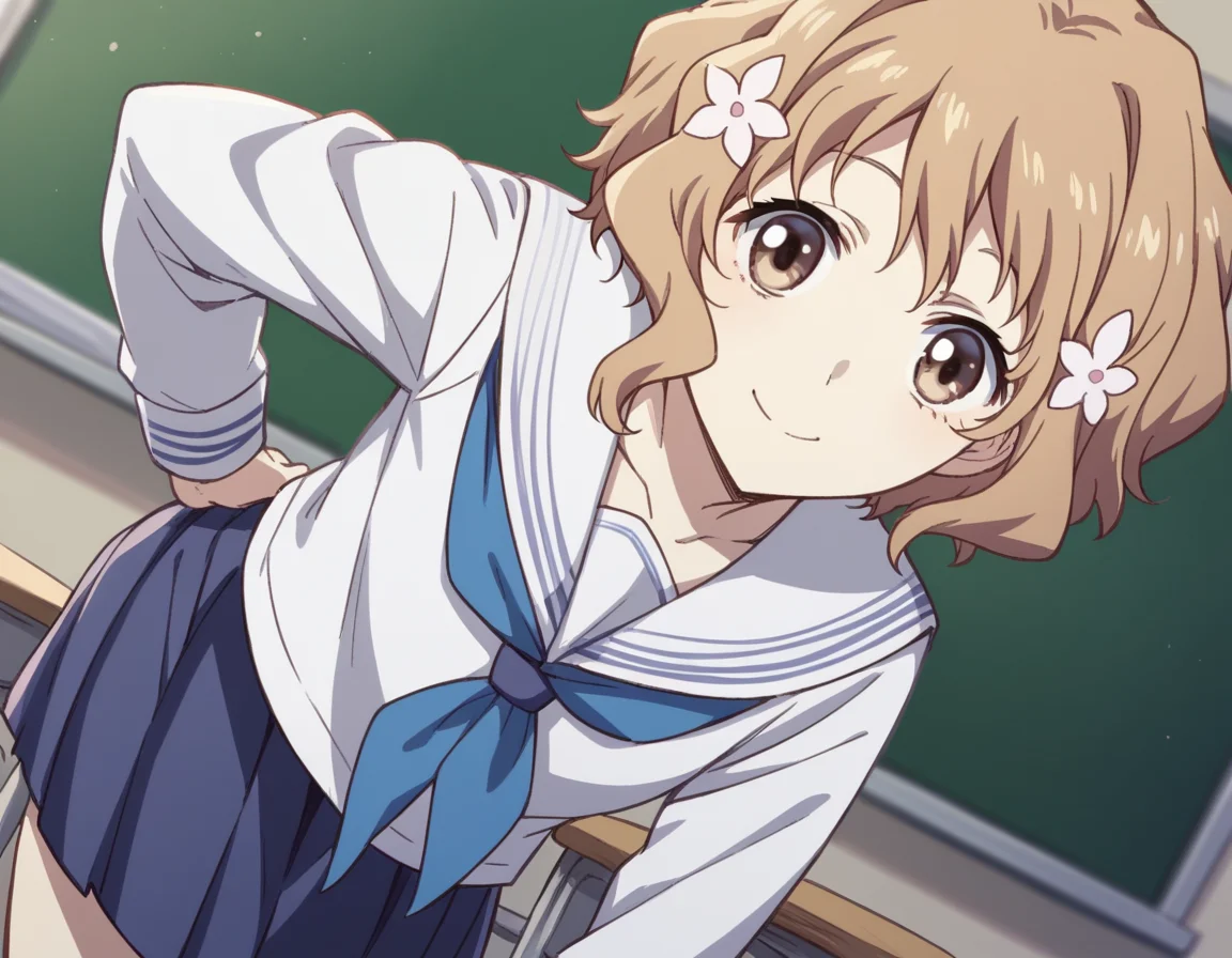 score_9, score_8_up, score_7_up, source_anime,
ohanamatsumae, <lora:ohana-matsumae-s1-ponyxl-lora-nochekaiser:1>,
ohana matsumae, short hair, brown hair, hair ornament, brown eyes, flower, hair flower,
skirt, school uniform, serafuku, blue skirt, pleated skirt, neckerchief, blue neckerchief, long sleeves,
indoors, classroom, bent over, smile,
looking at viewer, cowboy shot, solo, dutch angle,