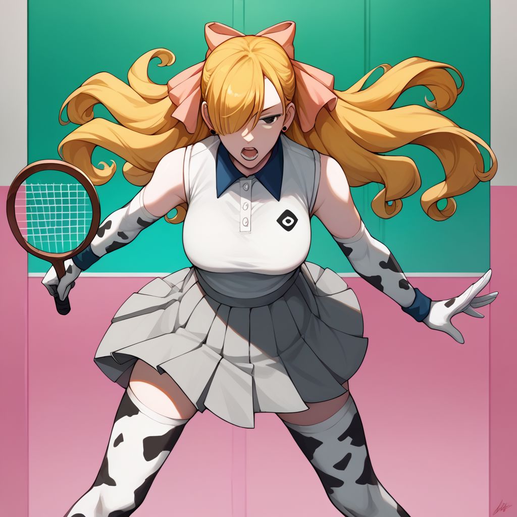score_9, score_8_up, score_7_up, source_anime,
1girl, fionatennis, long hair, blonde hair, hair over one eye, hair bow, pink bow, grey eyes, open white shirt, sleeveless shirt, swinging breasts, grey skirt, [wristband], earrings, (cow_print_elbow_gloves:1.5, cow_print_thigh_highs:1.5), facing viewerm holding tennis racket, leaning forward, feet apart, sweat drop, open mouth,
detailed background, tennis court, tennis