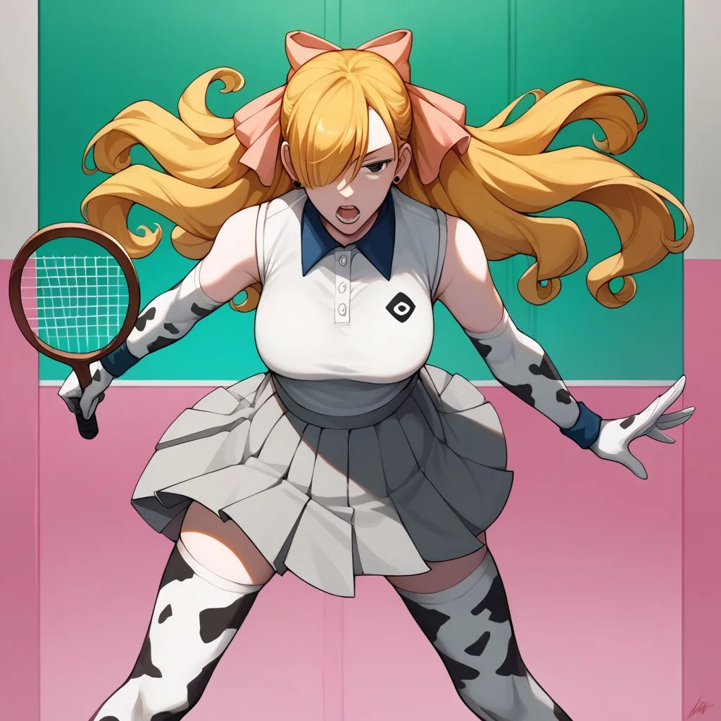 score_9, score_8_up, score_7_up, source_anime,
1girl, fionatennis, long hair, blonde hair, hair over one eye, hair bow, pink bow, grey eyes, open white shirt, sleeveless shirt, swinging breasts, grey skirt, [wristband], earrings, (cow_print_elbow_gloves:1.5, cow_print_thigh_highs:1.5), facing viewerm holding tennis racket, leaning forward, feet apart, sweat drop, open mouth,
detailed background, tennis court, tennis