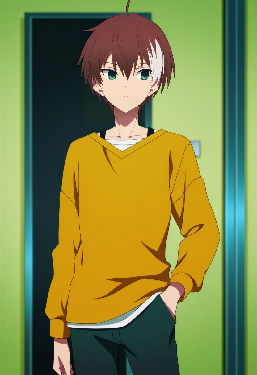 masterpiece, best quality, anime screencap, official style, anime coloring, cowboy shot, 1boy, solo, male focus, <lora:akatsuki_iride_ilxl:0.96>, akatsuki_iride, brown hair, green eyes, short hair, ahoge, multicolored hair, two-tone hair, white hair, , ,