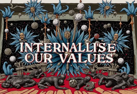 the words 'INTERNALISE OUR VALUES' written in large font fills the front of frame. In the back of frame weird man with in a dark room with checkerboard blue lotus PEOPLE ARE trapped inside machinery, people crushed inside mechanical gears, high gore arms crushed and bent, signs of wailing, people in business suits trapped in machinery. floors with blood on the ground with a white interior cyber tech electricity electical circuits illuminati symbols with brains and vaginas with high technology alchemical background lightning bolts