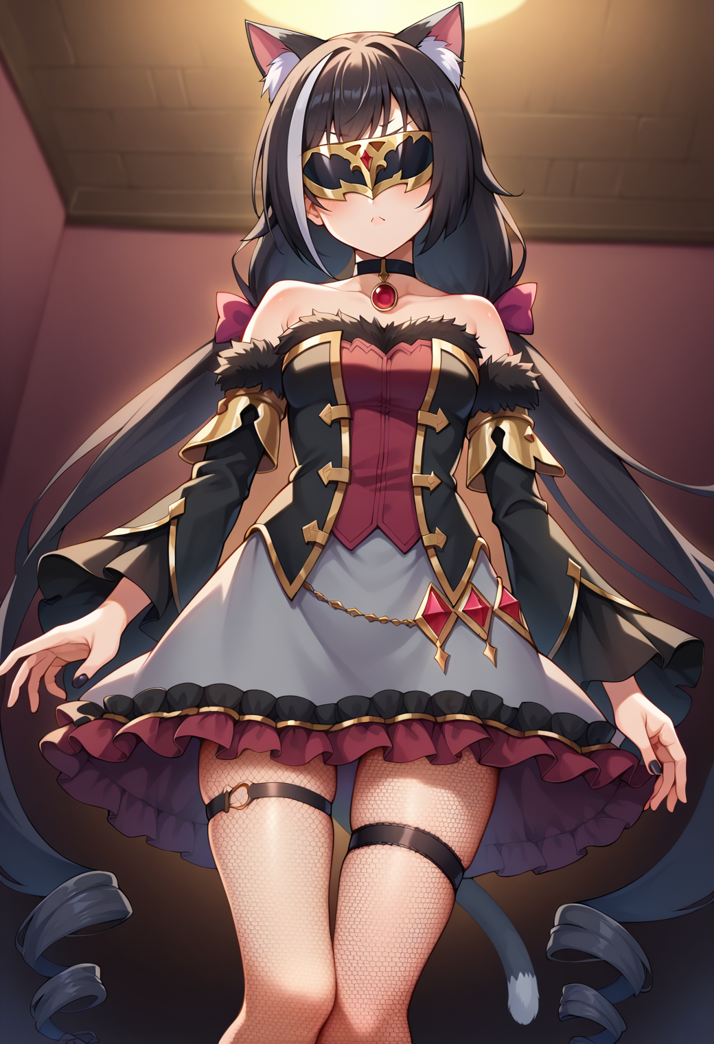 score_9, score_7_up, hd, (ultra hd quality details), source_anime, dark background, indoors,
solo, 1girl, kyarubase, streaked hair, cat ears, animal ear fluff, low twintails, cat tail,
calundl, hair bow, eye mask, black choker, black bodice, strapless, fur trim, black detached sleeves, grey skirt, frilled skirt, thigh strap, fishnet pantyhose, fishnet, black nails,
looking at viewer,
dutch angle, standing,
<lora:_karyl_elesico-pony-e19:0.85>
