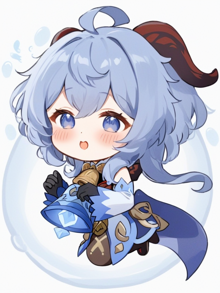 <lora:ganyu2:1>ï¼1girl, ganyu_\(genshin_impact\), solo, chibi, ahoge, black_gloves, open_mouth, bell, blush, :o, detached_sleeves, flying_sweatdrops, round_image, transparent_background, long_sleeves