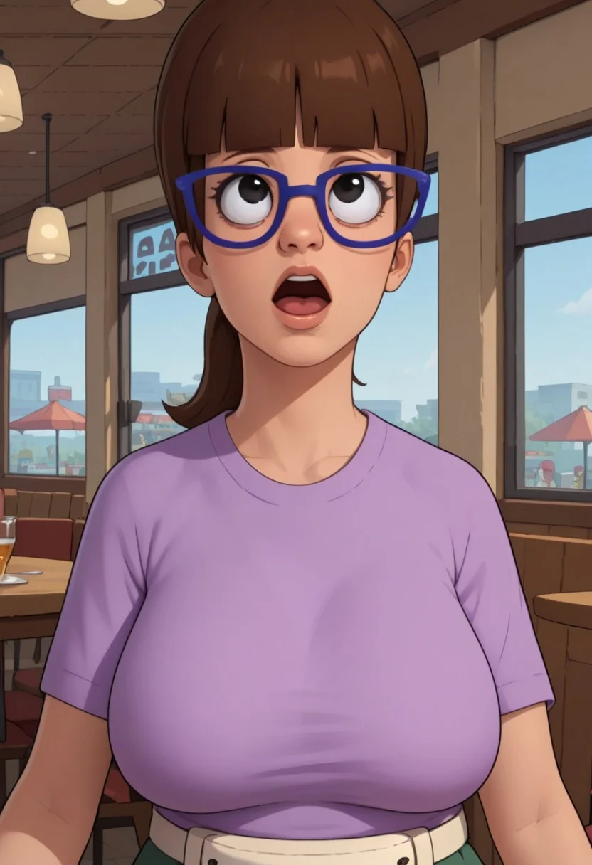 ((restaurant background)),score_9, score_8_up, score_7_up,score_6_up,
1girl, solo, Gayle_BB, light skin, black eyes, blue glasses, brown hair, straight bangs, hairstyle ponytail, lilac t-shirt, green skirt, white fanny pack on the waist, white flat shoes, tall stature, perfect eyes, looking up, open mouth, big breasts, detailed eyes, perfect eyes, standing, (front pose, front view, bust shot, close up to face, face portrait:1) arms down