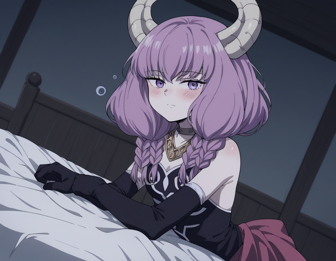 score_9, score_8_up, score_7_up, source_anime,
auratheguillotine, <lora:aura-the-guillotine-s1-ponyxl-lora-nochekaiser:1>,
aura the guillotine, long hair, purple eyes, purple hair, braid, horns, twin braids,
skirt, thighhighs, gloves, choker, black gloves, elbow gloves,
indoors, bed, bed room, on side, blush, drunk,
cowboy shot, solo, dutch angle, looking at viewer,