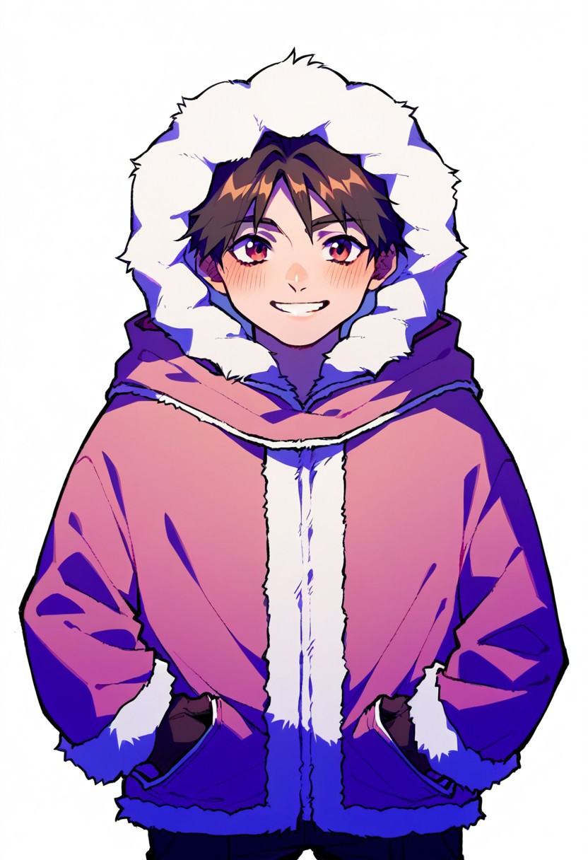 score_9, score_8_up, score_7_up, source_anime, icnana, 1girl, solo, fur-trimmed coat, hooded coat, tomboy, reverse trap, parka, smile, gloves, blush