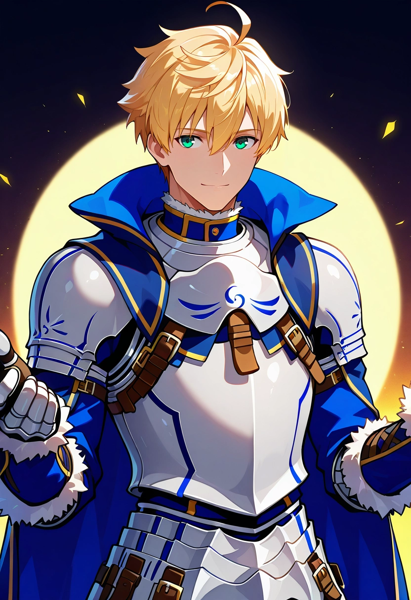 masterpiece, best quality, intricate details, , , 1boy, solo, male focus, <lora:arthur_pendragon_fate_ilxl:1>, arthur_pendragon_fate, blonde hair, green eyes, short hair, ahoge, hair between eyes, bangs, armor, breastplate, gauntlets, pauldrons, shoulder armor, blue cape, , rule of thirds, lake city, light, w arms, light smile,