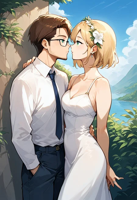 score_9, score_8_up, score_7_up, score_6_up, score_5_up, score_4_up, highres, 1boy, 1girl, c4ss14 marrying 43r0n,
BREAK
1girl, c4ss14,
BREAK
1boy, 43r0n,
BREAK
wedding dress, black wedding suit, happy, kissing, golden ring, ring finger, ring on finger, outside, cliff edge, wedding scene, flower arch, source_anime, ntm,