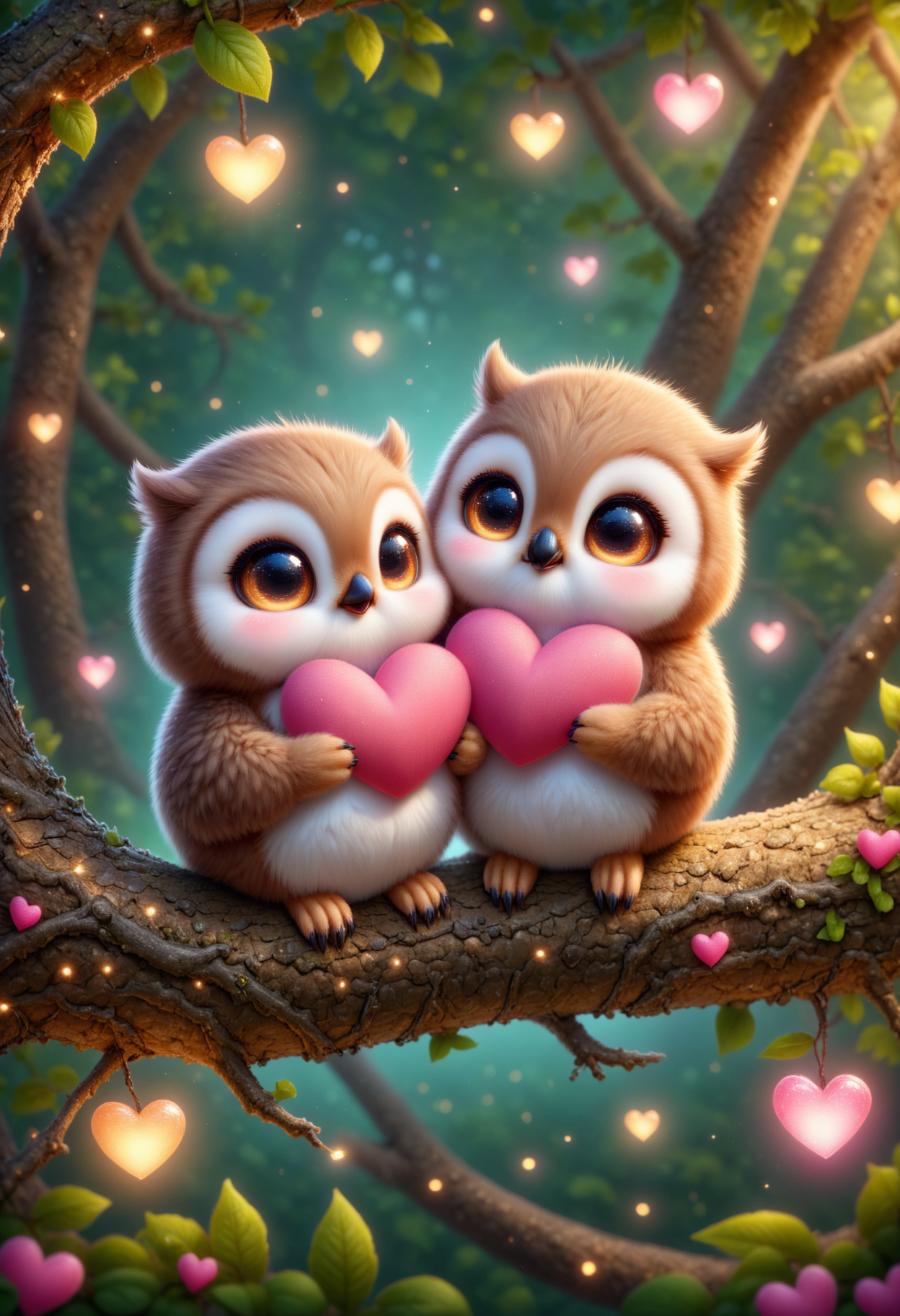 (incredibly absurdres, ultra-detailed, CG, unity, 8k wallpaper), (masterpiece), pinkchibivalentine, <lora:PinkieChibiValentineSDXL:1>, Two brown owls perched on a branch, forming a heart shape with their heads, surrounded by tiny glowing hearts,