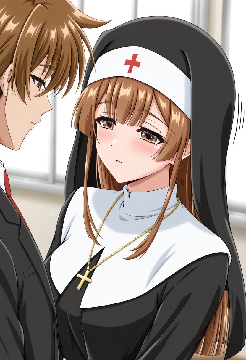 masterpiece, best quality, newest, highres, uncensored, 1girl, yokota mamoru style,motion lines,1girl,Katakura Eimi,Brown Hair, Long Hair, Sidehair, Spiky Bangs, Straight Hair,Brown Eyes, Tareme Eyes, Slim，masterpiece, best quality,This is a digital anime-style drawing featuring two characters in a classroom setting. The scene depicts a young woman and a man, both dressed in formal attire, leaning close together. The woman is dressed as a nun, with a white habit and a white headpiece adorned with a red cross. She wears a white turtleneck underneath her habit. Her eyes are closed, and she has a gentle, peaceful expression.