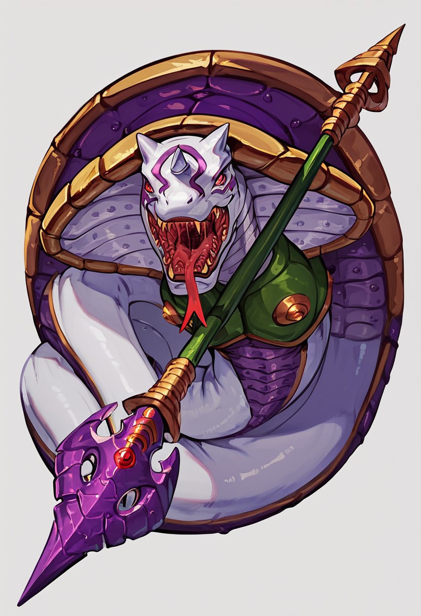 (score_9, score_8_up, score_7_up, score_6_up, score_5_up, score_4_up), dark lighting, (high quality), (high resolution), 4k, Sandiramon, monster, cobra, white skin, red eyes, three horns, purple shell, purple marks purple armor, gold trim, green chestplate, lance on tail