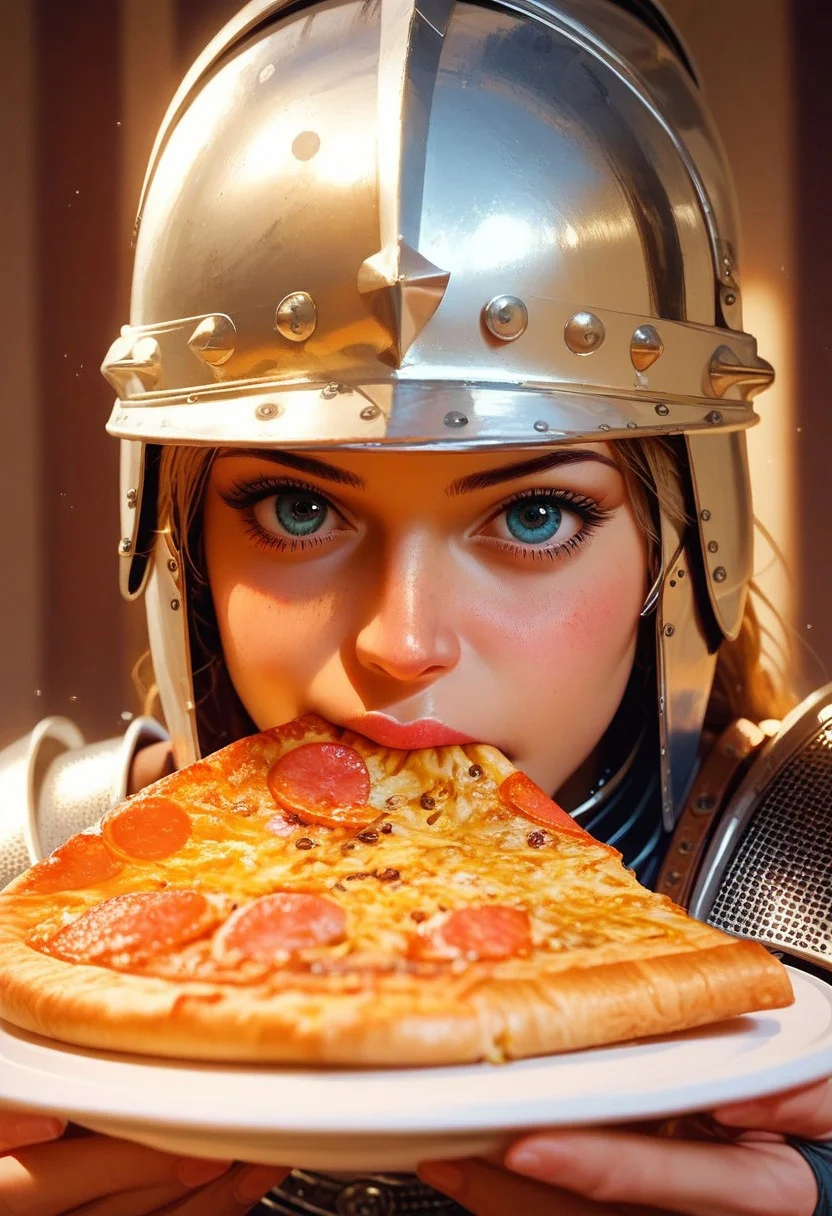 score_9, score_8_up, score_7_up, , portrait,
1girl, solo, close up, hud_e4ting, holding pizza slice, eating,
medieval, heavy armor, plate armor, helmet, knight, in a restaurant,