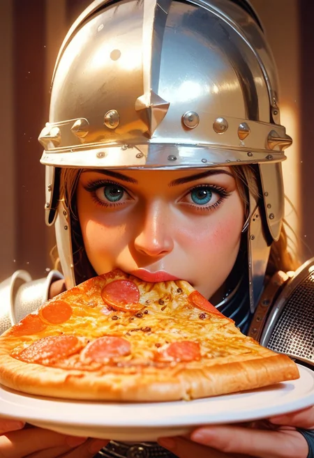 score_9, score_8_up, score_7_up, , portrait,
1girl, solo, close up, hud_e4ting, holding pizza slice, eating,
medieval, heavy armor, plate armor, helmet, knight, in a restaurant,