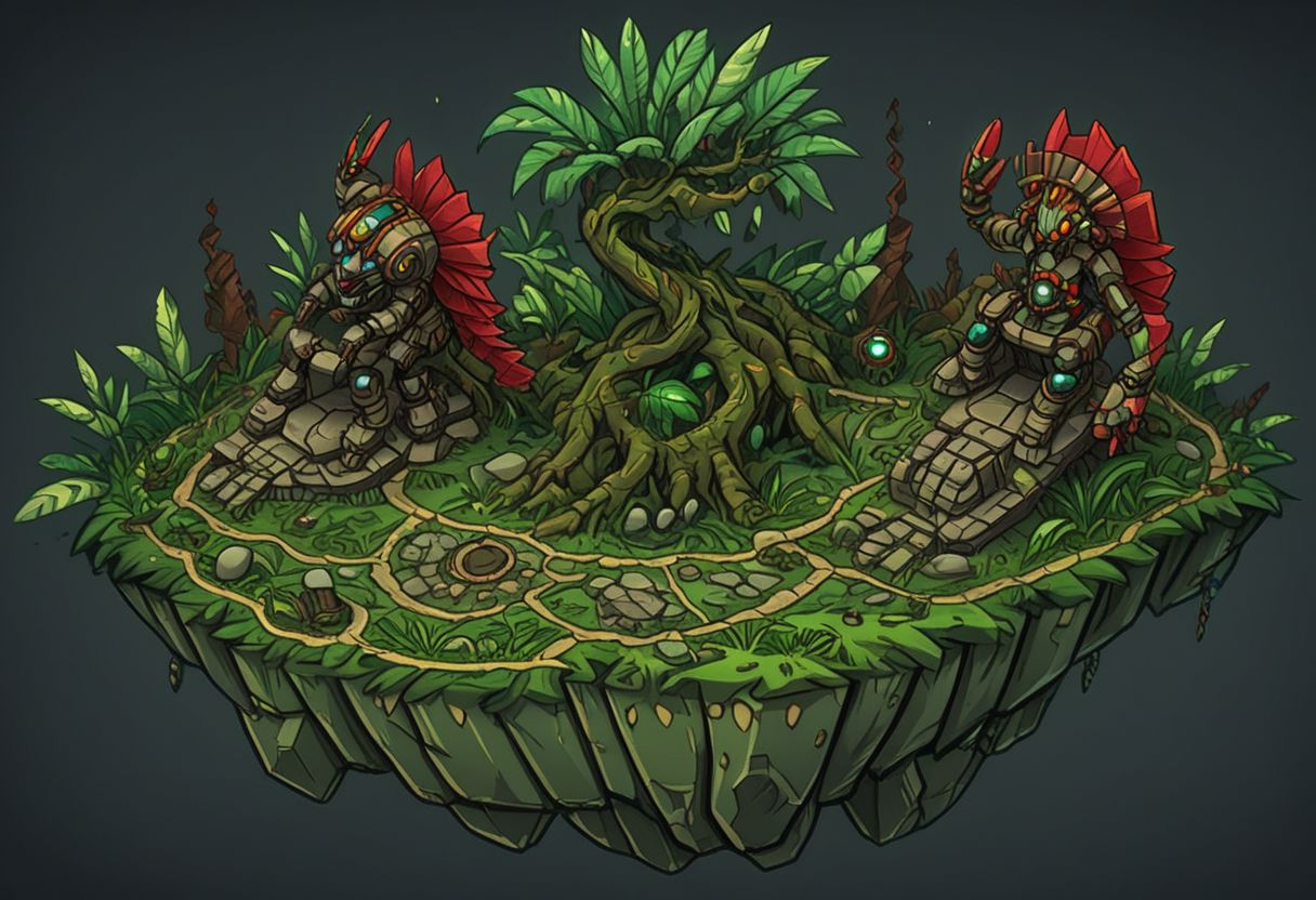 1 island, green to lime color,  jungle, many leafs,  lakes, swamp, (rocky stone ruins:0.8), overgrown wide, plain darkgray to gray background, mecha rusty parts, (((thick outlines:2.2))), (magic gemstone glowing red:1.2)