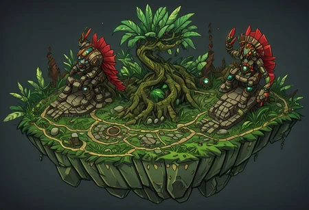 1 island, green to lime color, jungle, many leafs, lakes, swamp, (rocky stone ruins:0.8), overgrown wide, plain darkgray to gray background, mecha rusty parts, (((thick outlines:2.2))), (magic gemstone glowing red:1.2)