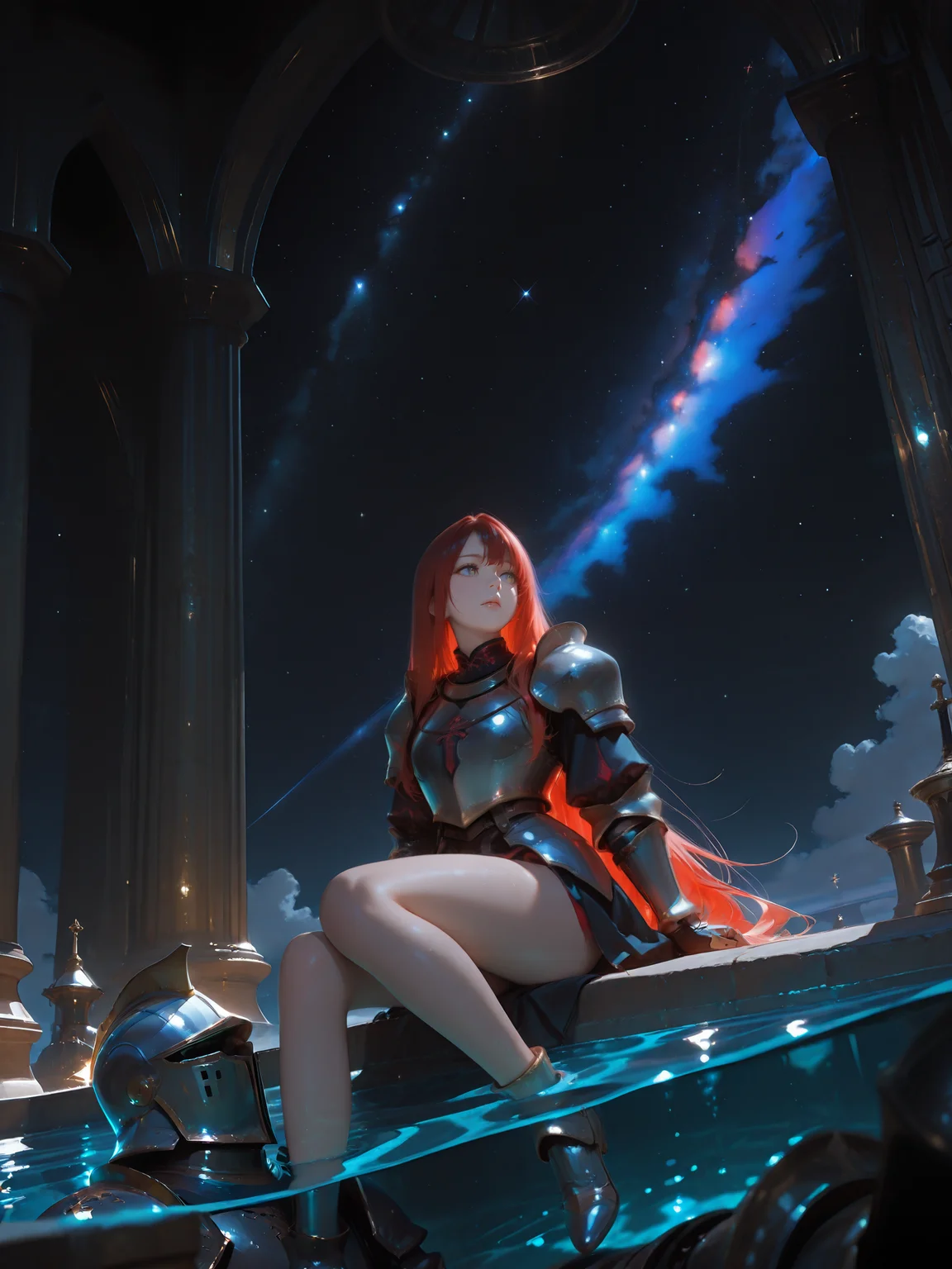 embedding:Stable_Yogis_PDXL_Positives2, embedding:Stable_Yogis_PDXL_Positives, 1girl, plated armor, bare legs, bare abdomen, feet submerged, face plate, red hair, really long hair,, 1other, armor, breastplate, full armor, gauntlets, greaves, halftone, helmet, knight, night, pauldrons, shoulder armor, sitting, solo, space, star \(sky\), starry sky, water,
Hana4, masterpiece, best quality, amazing quality, very aesthetic, absurdres, newest, (scenery, volumetric lighting), 8k, detail, sharp focus, HDR
realism, high_quality, highres, beautiful, detailed, (masterpiece, best quality:1.2), absurdres, 8k, HDR, raytracing