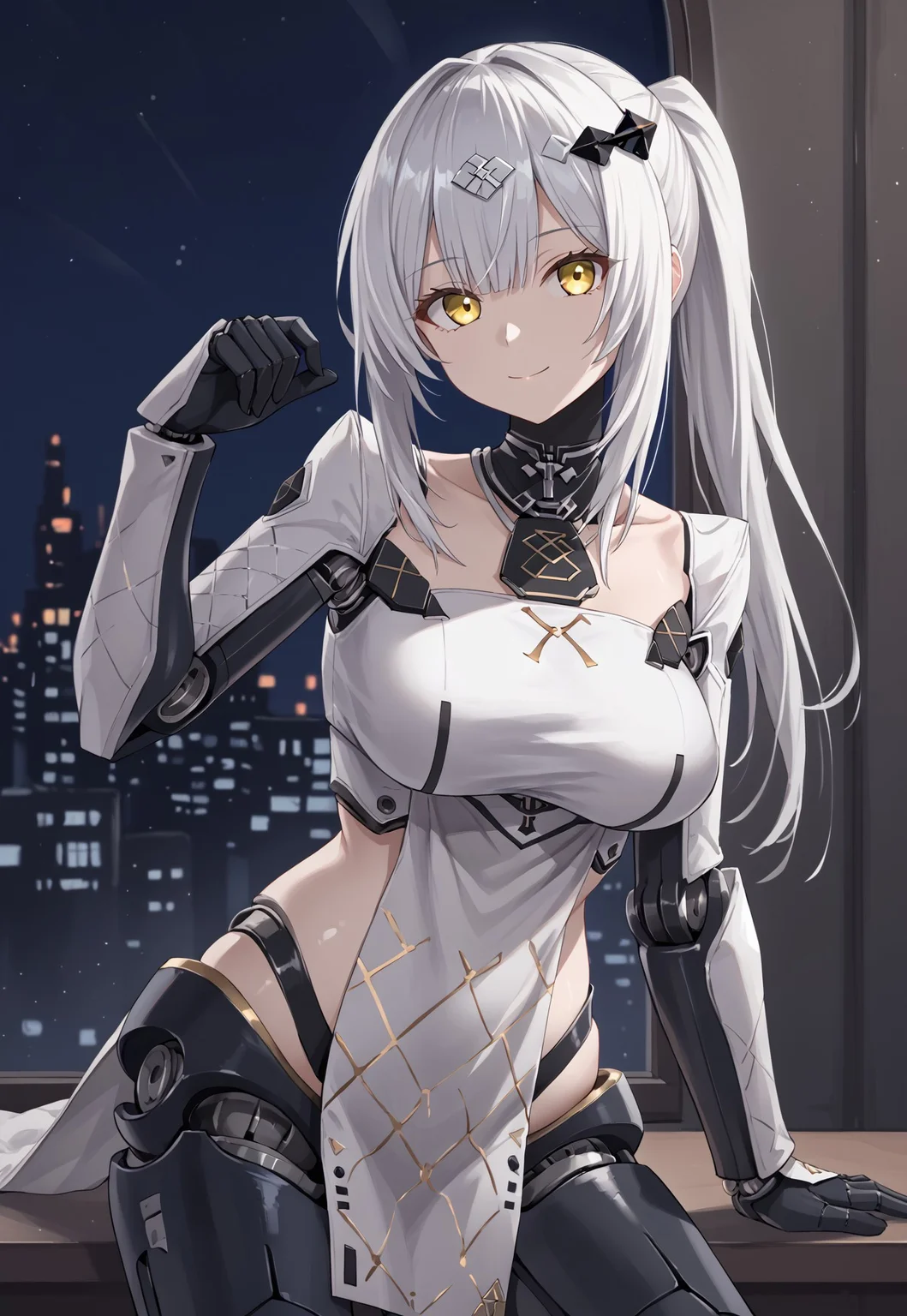 NytoTeal, long hair, bangs, white hair, yellow eyes, large breasts, hair ornament, ponytail, black gloves,  sidelocks, mechanical arms, collarbone,   pelvic curtain, white tube top, crop top, white dress, robot joints, mechanical legs,

looking at viewer, closed mouth, head tilt, hands up, light smile,

indoor, window, city, neon lights, dark, night, night sky, 

1girl, solo, solo focus, highres, absurdres, light particles, backlighting, shade, lens flare, shiny skin, fine fabric emphasis,