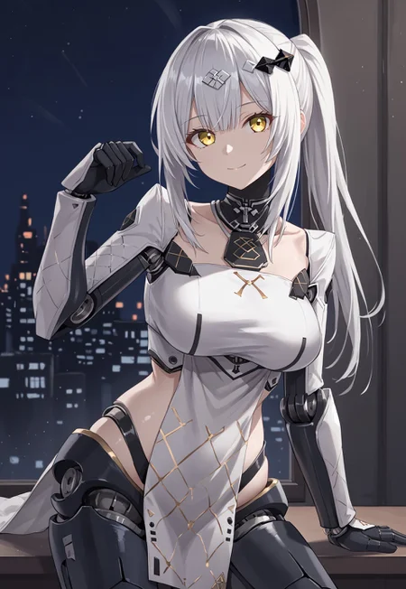NytoTeal, long hair, bangs, white hair, yellow eyes, large breasts, hair ornament, ponytail, black gloves,  sidelocks, mechanical arms, collarbone,   pelvic curtain, white tube top, crop top, white dress, robot joints, mechanical legs,

looking at viewer, closed mouth, head tilt, hands up, light smile,

indoor, window, city, neon lights, dark, night, night sky, 

1girl, solo, solo focus, highres, absurdres, light particles, backlighting, shade, lens flare, shiny skin, fine fabric emphasis,