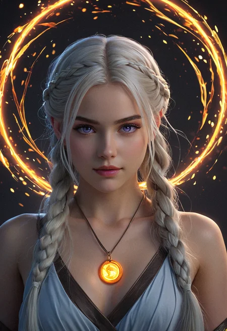 anime artwork <lora:R0k00bstr0ctHD:1>,r0k00bstr0cthd,r0k00bl0ckb0ckgr00ndhd,(shiny, fire, multicolored, black background, glowing, magic circle, aura),, (Hair, Long, silver-blonde hair (often described as pale as moonlight), a hallmark of her Targaryen lineage. In the books, her hair is worn in intricate braids, symbolizing victories and tradition:1), (Eyes, Large, violet eyes, often noted for their intensity and otherworldly quality, typical of the Valyrian race:1), (Skin, Pale, creamy complexion with a smooth, almost luminous quality that enhances her striking beauty:1), (Build, Slim and petite, yet strong and resilient, reflecting her gradual transformation from a timid girl into a determined leader:1), short in stature, . anime style, key visual, vibrant, studio anime, highly detailed